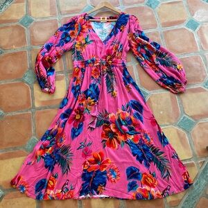 Farm Rio-Anthropologie pink painted multicolor floral midi dress.